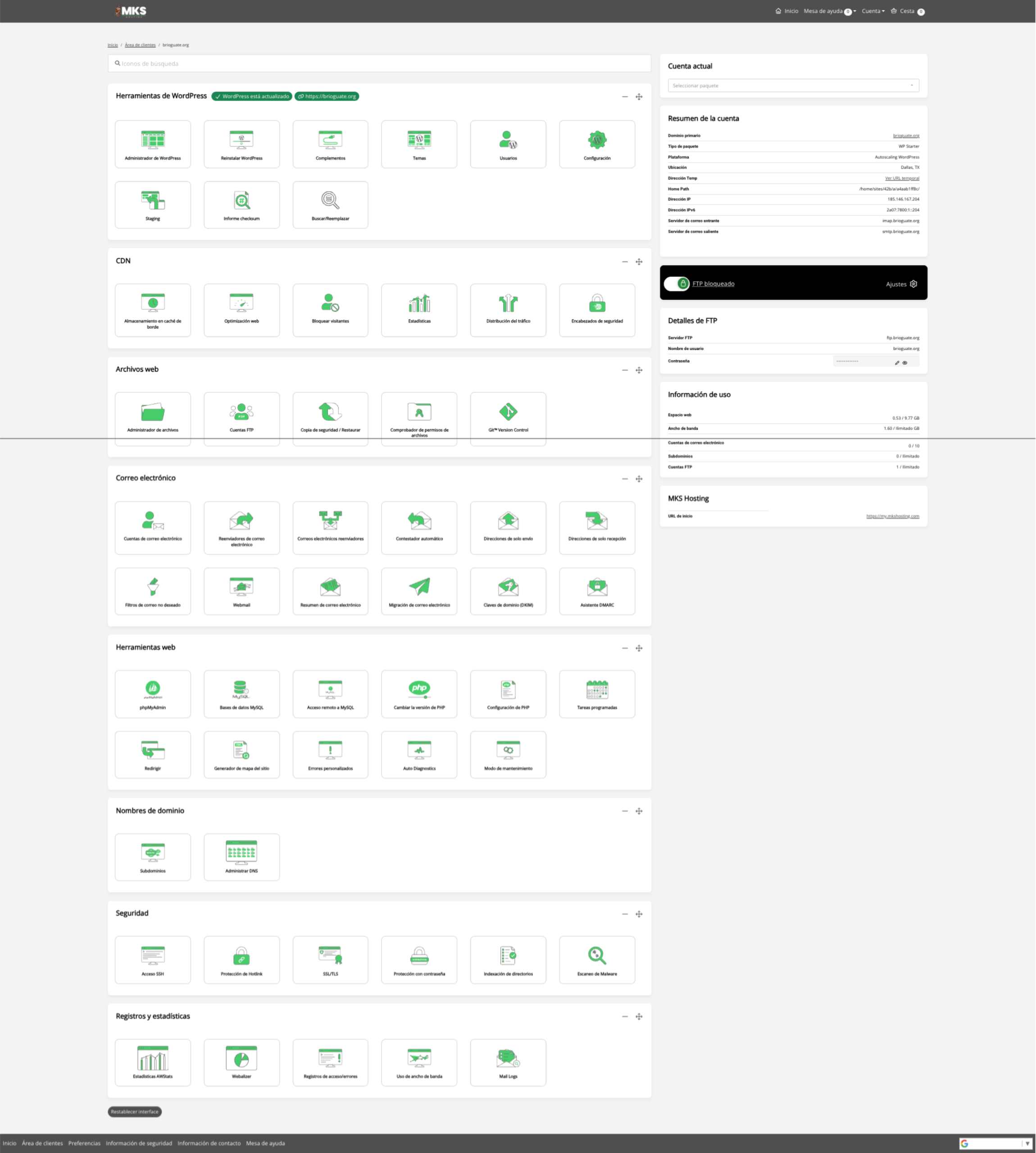 Imagen del panel de control de webhosting